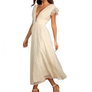 Lulus Dress Yours Evermore Cream Swiss Dot Ruffled Midi Sheer Flowy BOHO Beige L